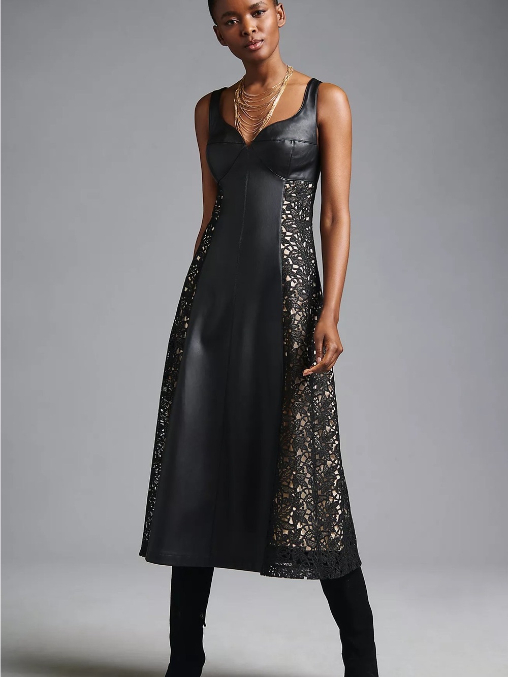 Anthropologie Black Faux Leather Petite Dress